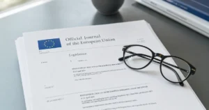 Стопка юридических документов и очки на офисном столе