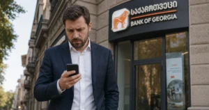 Офис банка в Тбилиси, клиент смотрит в смартфон
